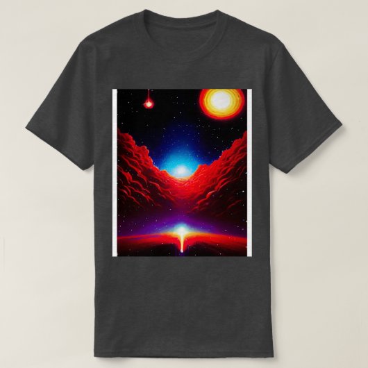 赤い星雲を持つ未来的なレトロ宇宙 Tシャツ (デザイン正面)