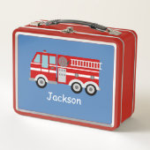赤い普通消防車のパーソナライズな子供 メタルランチボックス (正面)