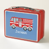 赤い普通消防車のパーソナライズな子供 メタルランチボックス (裏面)