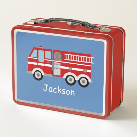 赤い普通消防車のパーソナライズな子供 メタルランチボックス (裏面)