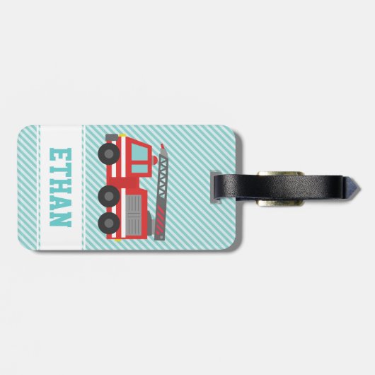赤い普通消防車の男の子のパーソナライズな荷物のラベル ラゲッジタグ (裏面横)