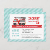 赤い普通消防車の男の子の誕生日のパーティの招待状 招待状 (正面/裏面)