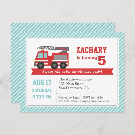 赤い普通消防車の男の子の誕生日のパーティの招待状 招待状 (正面/裏面)