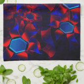 赤い曲線が重なり合う青い六角形 キッチンタオル (折り畳み)
