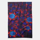 赤い曲線が重なり合う青い六角形 キッチンタオル (縦)