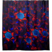 赤い曲線が重なり合う青い六角形 シャワーカーテン (正面)