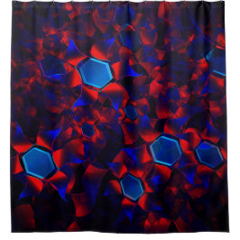 赤い曲線が重なり合う青い六角形 シャワーカーテン