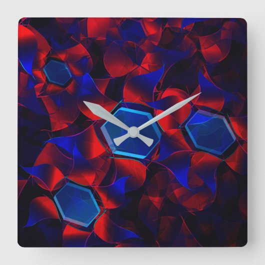 赤い曲線が重なり合う青い六角形 スクエア壁時計 (正面)