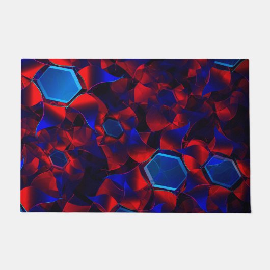 赤い曲線が重なり合う青い六角形 ドアマット (正面)