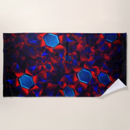 赤い曲線が重なり合う青い六角形 ビーチタオル