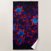 赤い曲線が重なり合う青い六角形 ビーチタオル (正面)