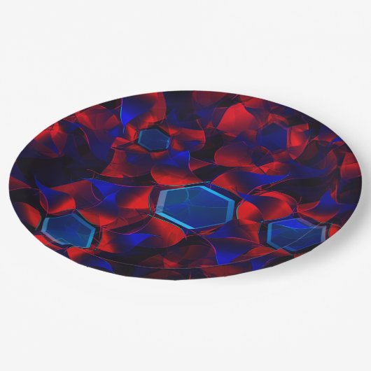赤い曲線が重なり合う青い六角形 ペーパープレート (アングル)