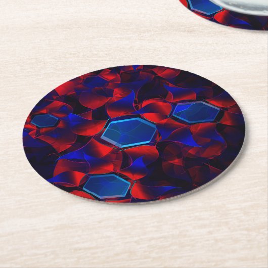 赤い曲線が重なり合う青い六角形 ラウンドペーパーコースター (アングル)
