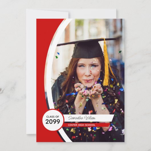 赤い曲線のフレーム写真の卒業 招待状 (正面)