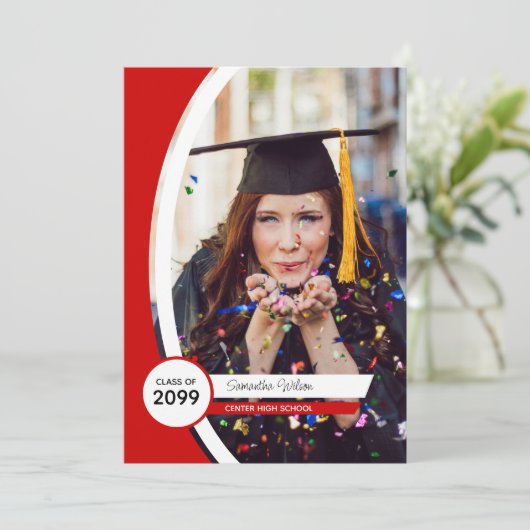 赤い曲線のフレーム写真の卒業 招待状 (スタンド正面)