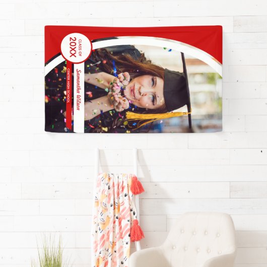 赤い曲線のフレーム写真の卒業 横断幕 (インサイチュ)