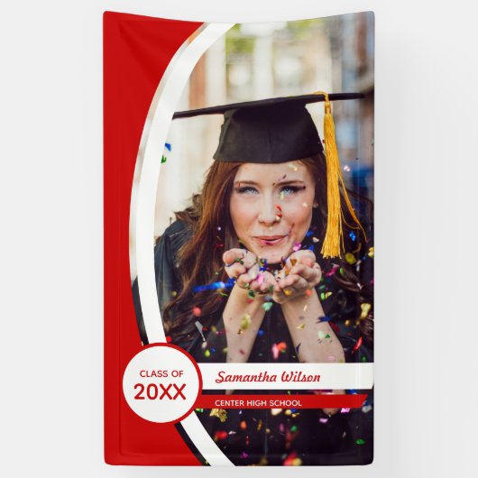 赤い曲線のフレーム写真の卒業 横断幕 (縦)