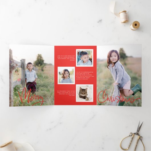 赤い書道はっきりしたスクリプト休日のフォトカード 三つ折り招待状 (内部)