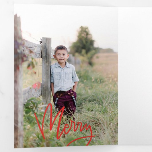 赤い書道はっきりしたスクリプト休日のフォトカード 三つ折り招待状 (内部最初)