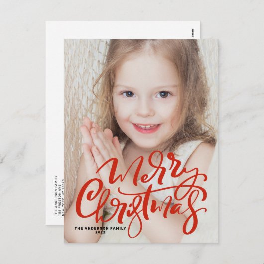 赤い書道モダンメリークリスマスフォト シーズンポストカード (正面/裏面)