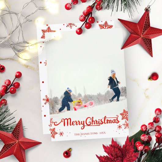 赤い書道写真スノーフレークのクリスマス 招待状