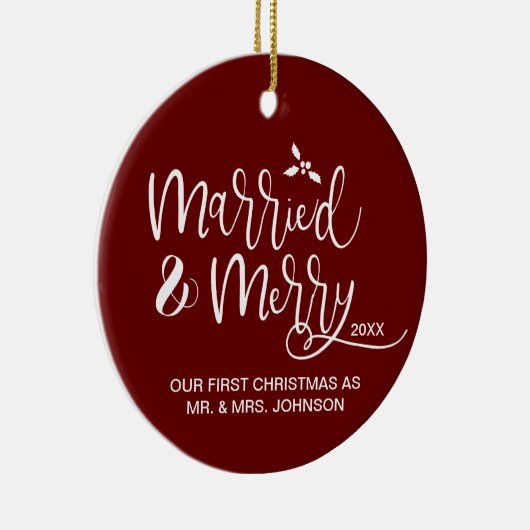 赤い最初のクリスマス 結婚して楽しい写真 セラミックオーナメント (右)