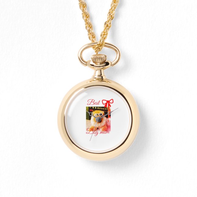 赤い最高の弓犬ママパパ写真犬/ペット名 腕時計 (正面)