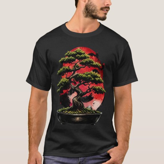 赤い月と日本盆栽 Tシャツ (正面)