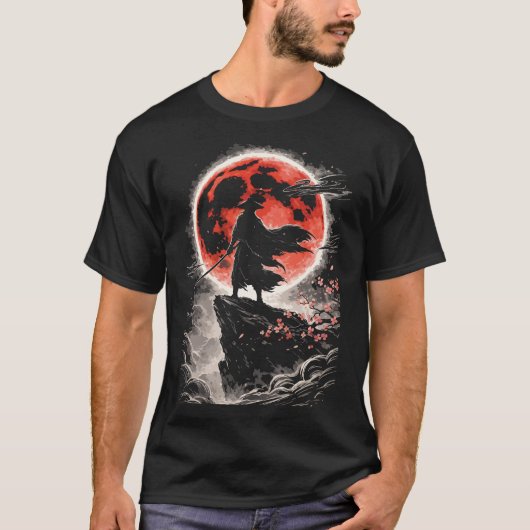 赤い月のサムライ浪人 - 日本のアニメアート Tシャツ (正面)