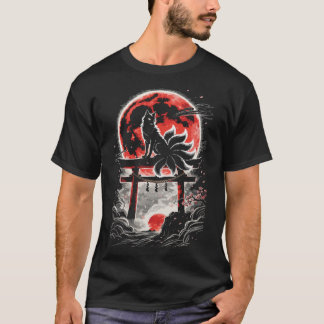 赤い月の鳥居に佇む狐 - 日本美術 Tシャツ