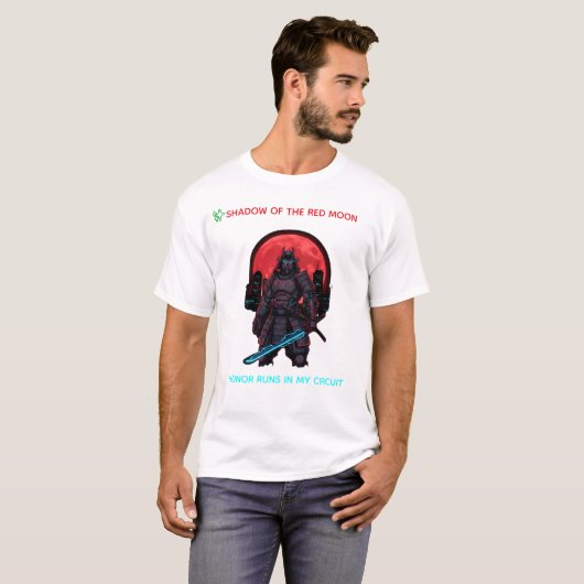 赤い月下のサイバーサムライ - ネオン戦士 Tシャツ (正面フル)