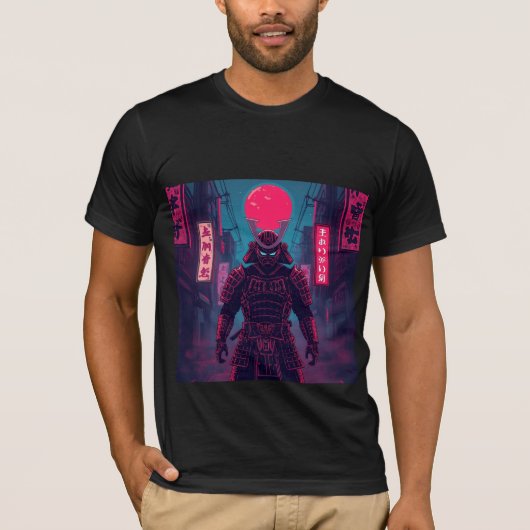 赤い月下のサイバーパンク戦士 Tシャツ (正面)