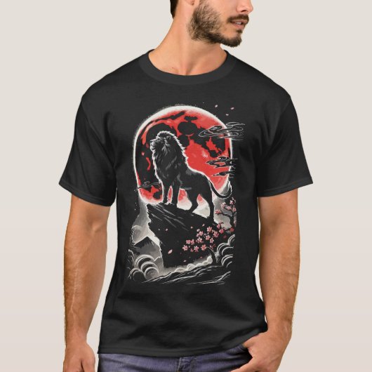 赤い月下の獅子、ネオ和タトゥースタイル Tシャツ (正面)