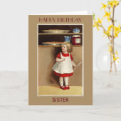 赤い服の姉妹のバースデー・カードのヴィンテージの女の子 カード (黄色い花)