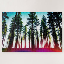 赤い木々の森を見上げる