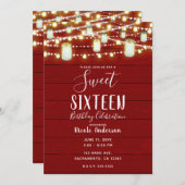 赤い木とストリングライトのカントリー風な16歳の誕生日パーティー 招待状 (正面/裏面)