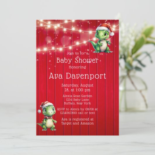 赤い木のクリスマス恐竜が赤ちゃんシャワーを点灯 招待状 (スタンド正面)