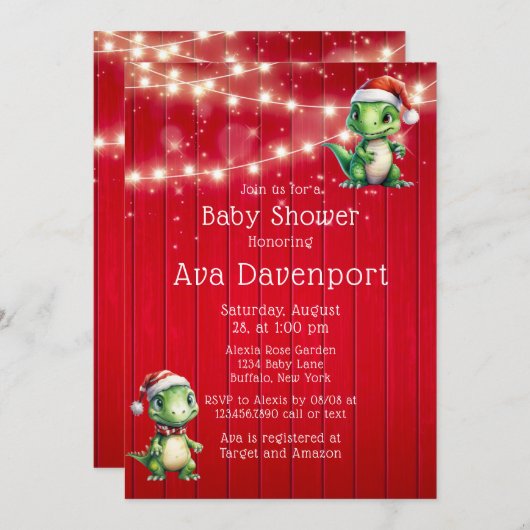 赤い木のクリスマス恐竜が赤ちゃんシャワーを点灯 招待状 (正面/裏面)