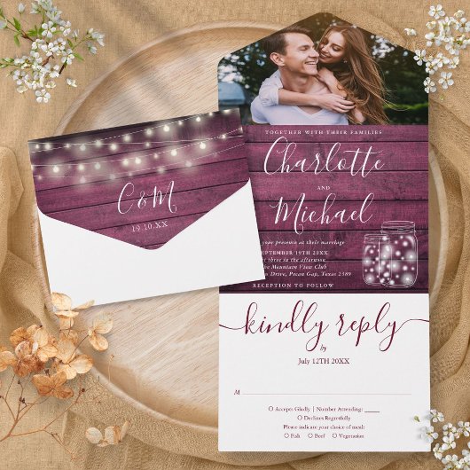 赤い木のストリングライト メイソンジャー フォト ウェディング オールインワン招待状