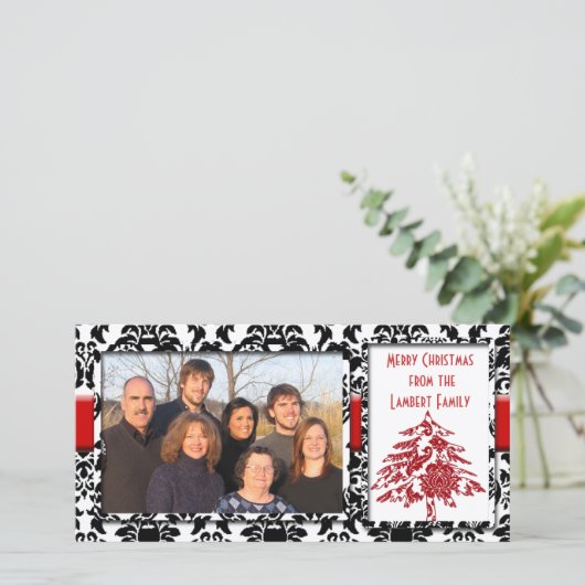 赤い木のメリークリスマスと黒と白のダマスク シーズンカード (スタンド正面)