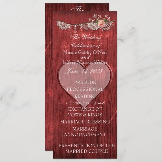 赤い木製のハートの素朴な結婚式プログラム プログラム (正面/裏面)