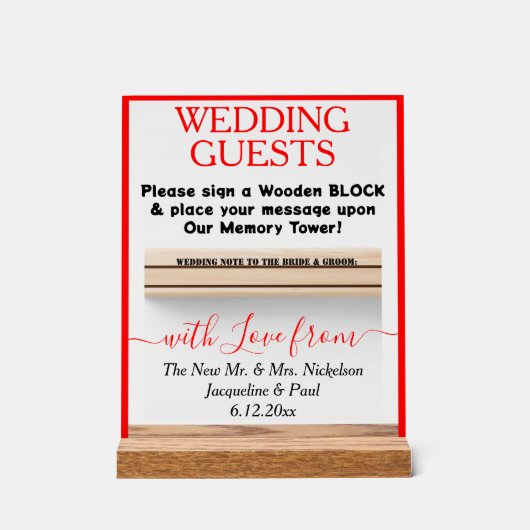 赤い木製ゲストブックブロック名澄ん アクリルサイン (正面)