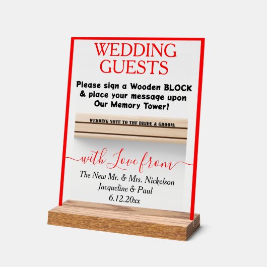 赤い木製ゲストブックブロック名澄ん アクリルサイン (傾斜)