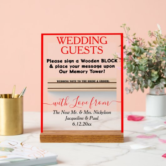 赤い木製ゲストブックブロック名澄ん アクリルサイン (ウェディング)
