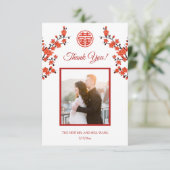 赤い東洋の花の写真 中国風の結婚式 サンキューカード (スタンド正面)