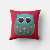 赤い枕の上にかわいい青と緑のフクロウ クッション (裏面)