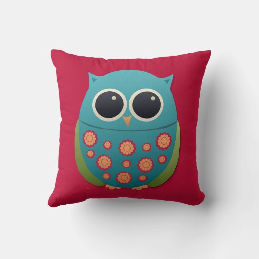 赤い枕の上にかわいい青と緑のフクロウ クッション (裏面)