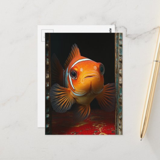 赤い枕の上の青い箱の中の金魚 ポストカード (正面/裏面インサイチュ)