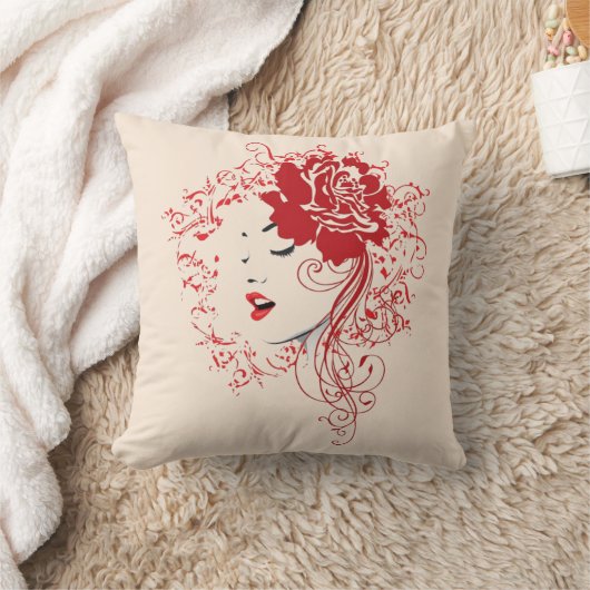 赤い枕の女性 クッション (ブランケット)