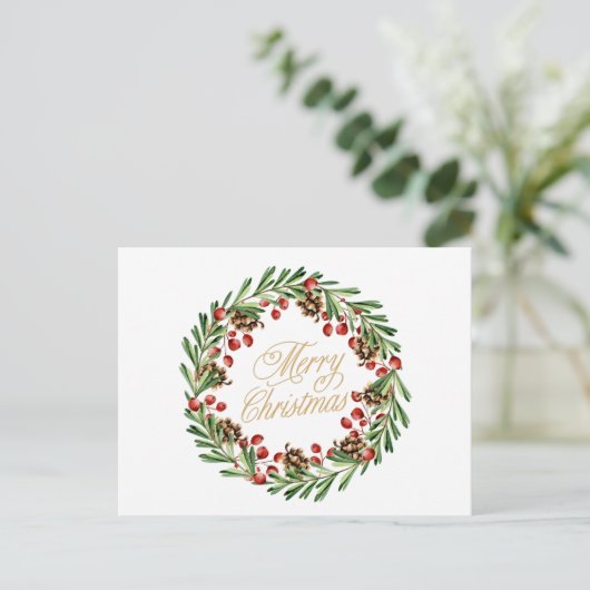 赤い果実とピネコーンを使用したクリスマスリース シーズンポストカード (スタンド正面)